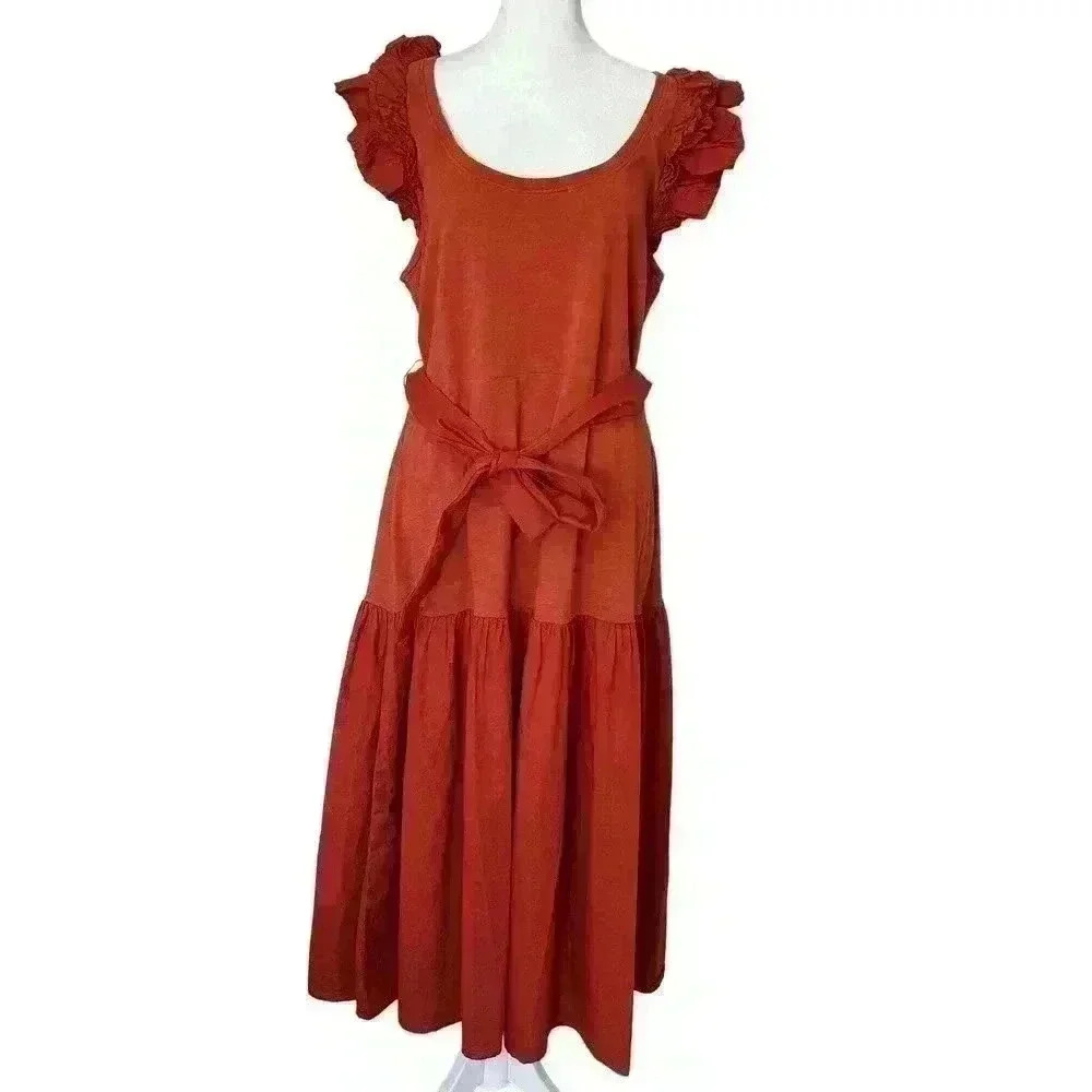 Nation LTD Rust Orange Ruffle Sleeve Midi Dress